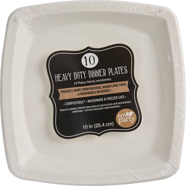 Eco-Friendly Sugar Cane Square Dinner Plates for Birthday/Wedding/Anniversary, White, 10-pk Overhead_Flat