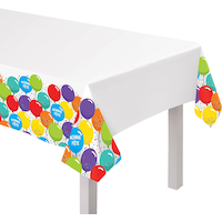 Balloon Birthday "Bonne Fête" French Rectangle Plastic Reusable Table Cover, Multi-Coloured, 54x102-in, for Birthday Party CloseUp