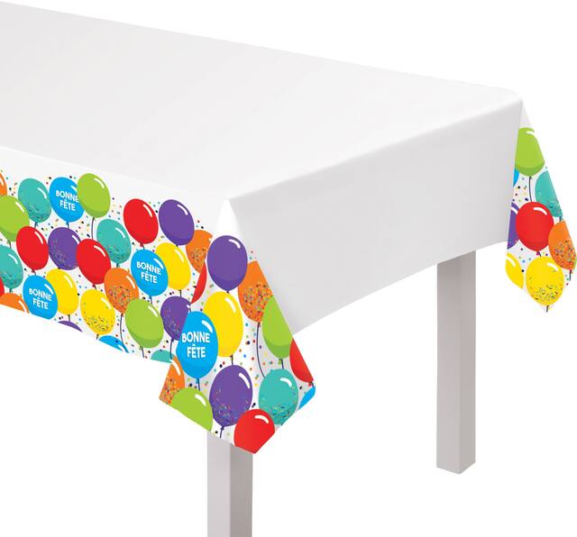 Balloon Birthday "Bonne Fête" French Rectangle Plastic Reusable Table Cover, Multi-Coloured, 54x102-in, for Birthday Party CloseUp