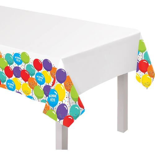 Balloon Birthday "Bonne Fête" French Rectangle Plastic Reusable Table Cover, Multi-Coloured, 54x102-in, for Birthday Party