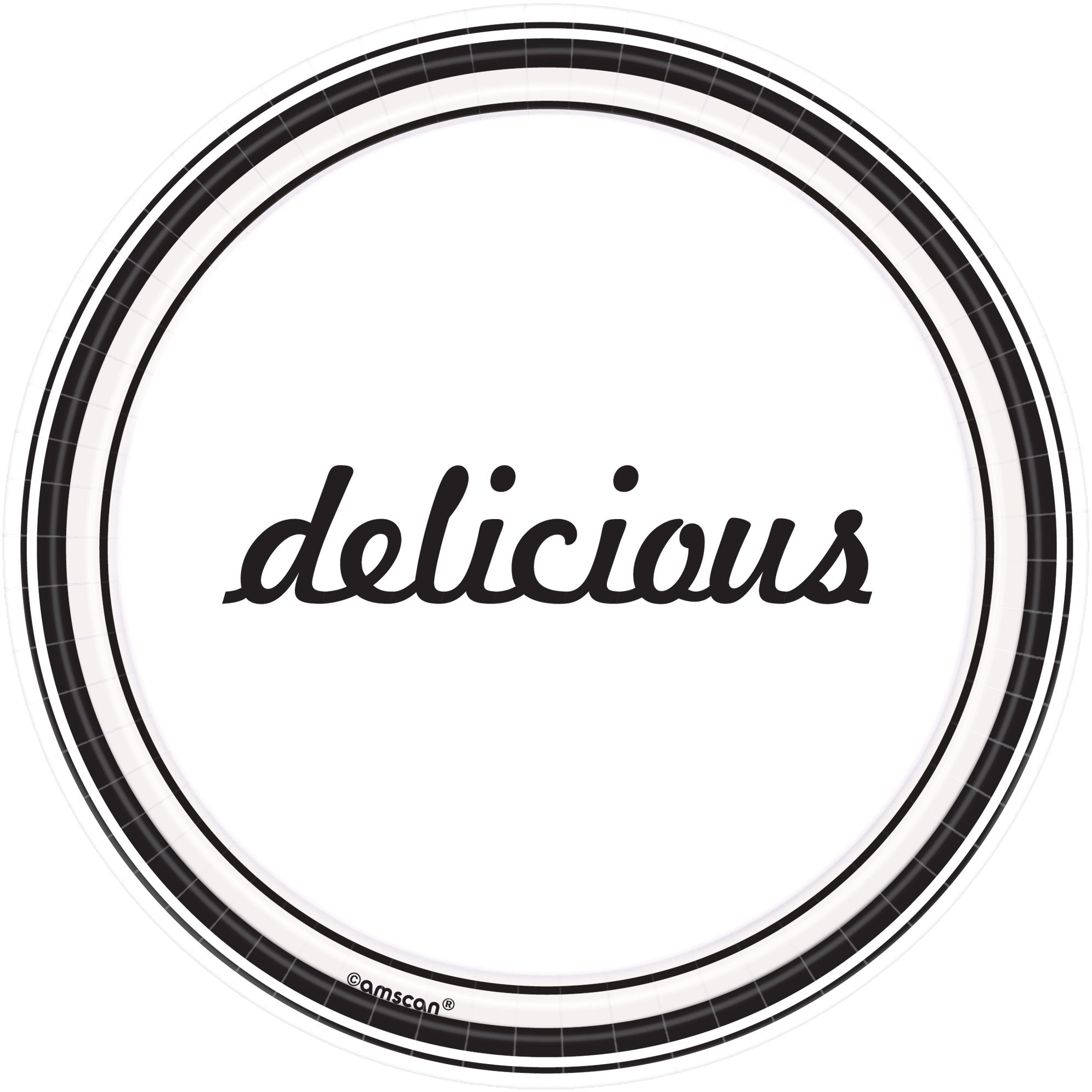Dessert Paper Plates with "delicious" headline, White/Black, 8-pk Overhead_Flat