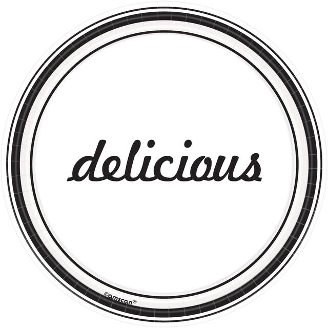 Assiettes à dessert en papier avec un titre « delicious », blanc/noir, paq. 8 Overhead_Flat
