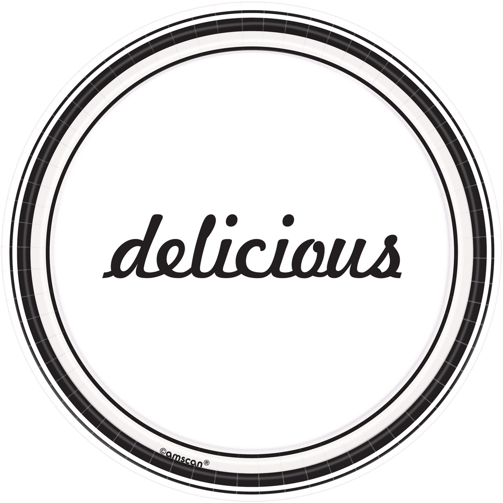 Assiettes à dessert en papier avec un titre « delicious », blanc/noir