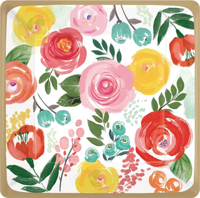 Bright Floral Square Dinner Plates, Birthday, Showers, Easter, More 10 1/2-in, 8-pk Overhead_Flat