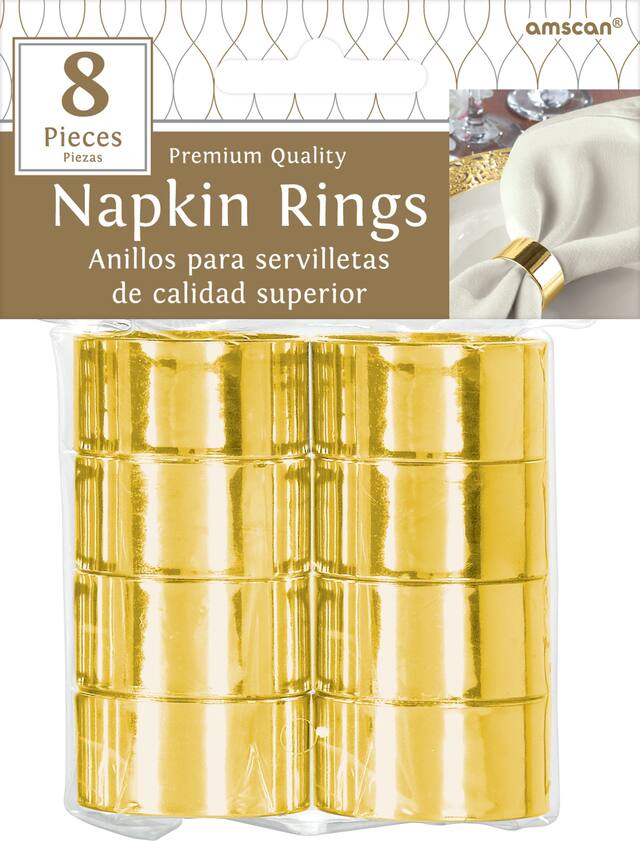 Round Plastic Reusable Napkin Ring Holders, Gold Metallic, 1.5-in, 8-pk, for Christmas/New Year's Eve/Birthday/Engagement/Wedding Front_Flat