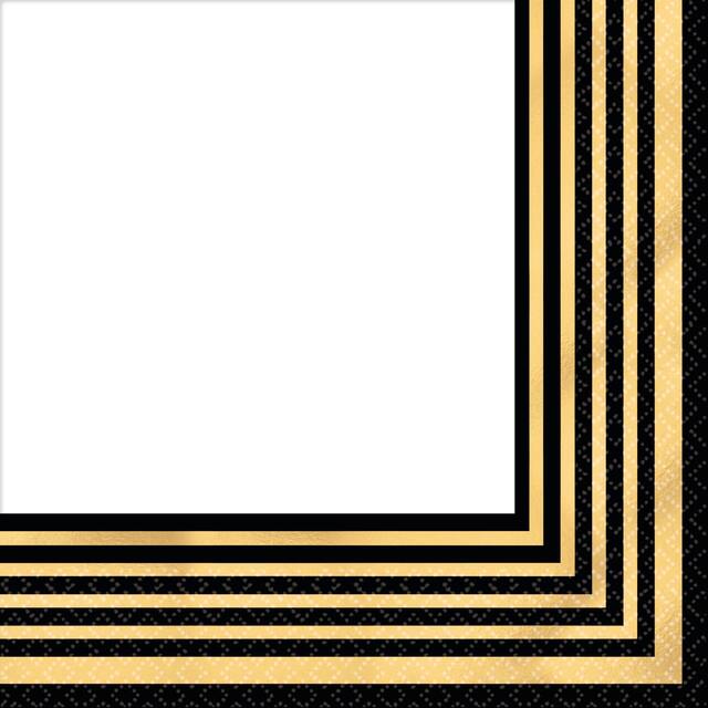 Serviettes à boissons de première qualité à rayures métalliques pour anniversaires et anniversaires de mariage, noir/doré, paq. 16 Front_Flat