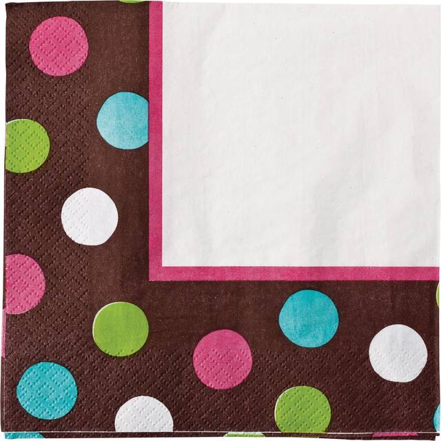 Square Paper Disposable Lunch Napkins, Brown, Polka Dot, 6.5-in, 36-pk, 2-ply, for Baby Shower/Birthday Party Front_Flat