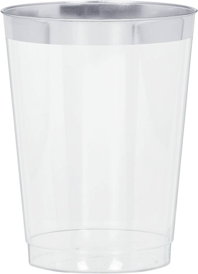 Bordered Trimmed Plastic Reusable Tumbler Cups, Clear/Silver, 10-oz, 20-pk, for New Year's Eve/Christmas/Graduation Front_Elevated
