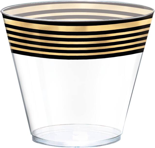 Stripe Premium Plastic Cups, Black/Metallic Gold, 24-pk - FD Front_Elevated