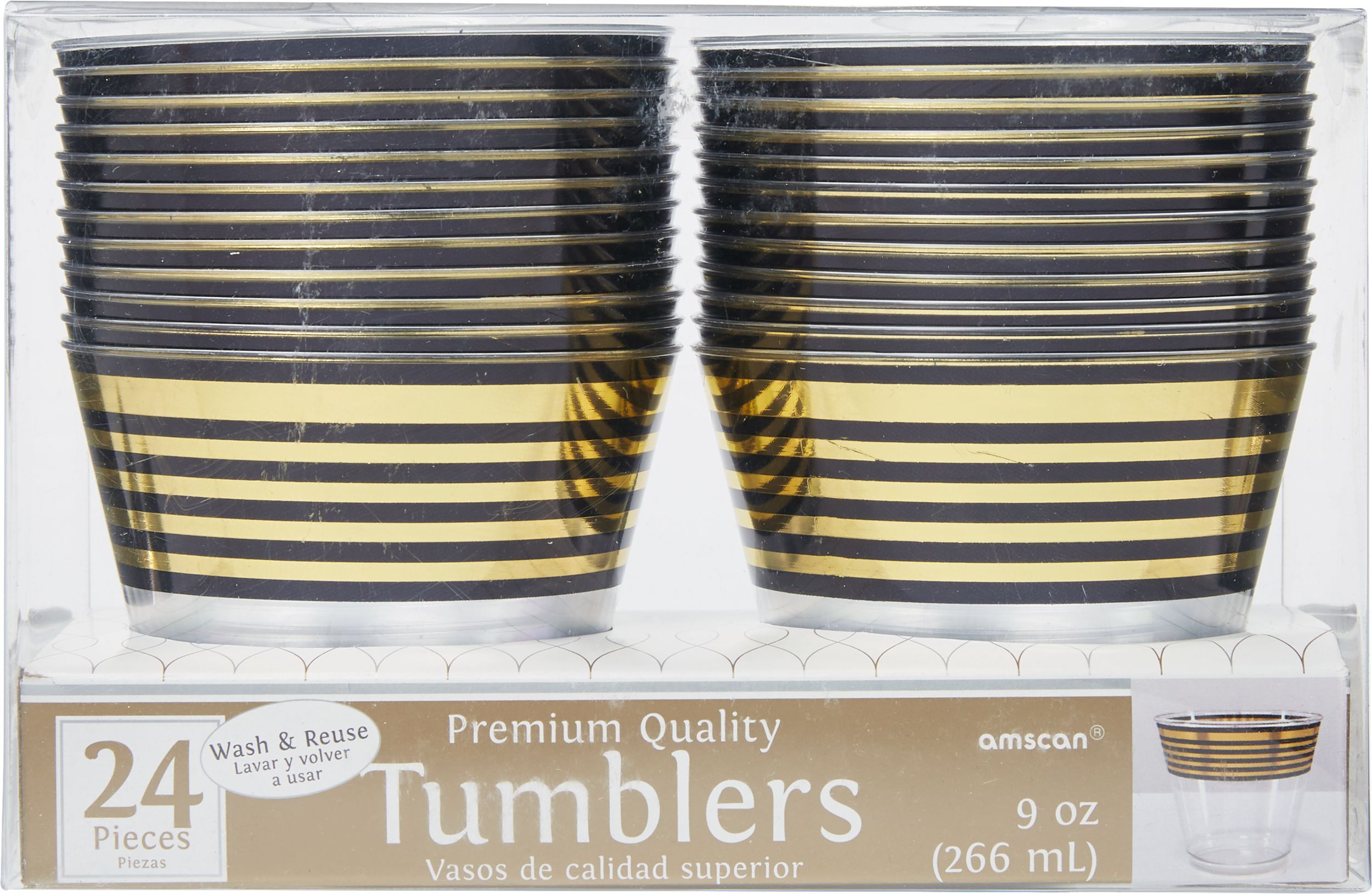 Stripe Premium Plastic Cups, Black/Metallic Gold, 24-pk - FD Front_Flat