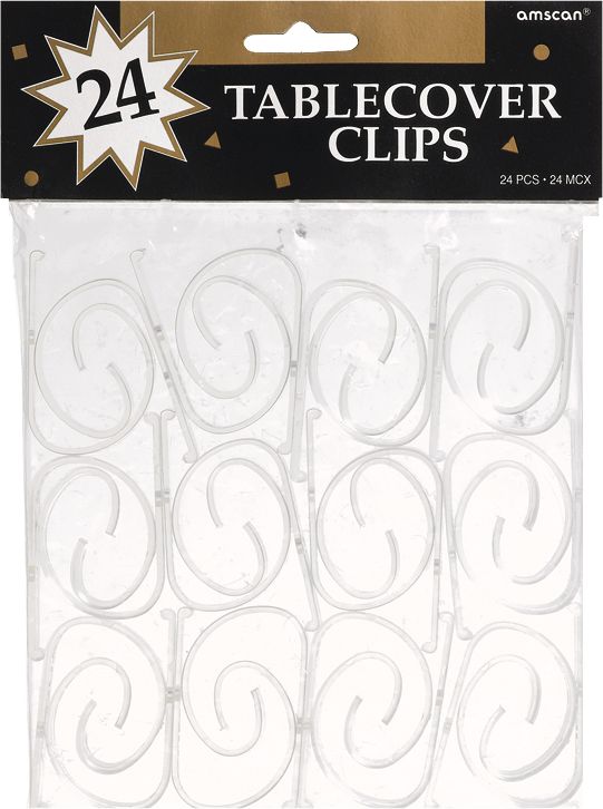 Pinces pour nappe en plastique, anniversaires, fêtes prénatales et plus, transparentes, paq. 24 Front_Flat