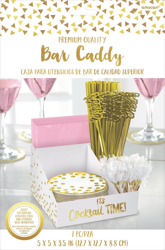 "It's Cocktail Time" Paper Bar Caddy, Gold/White, 5-in, for New Year's Eve Front_Flat