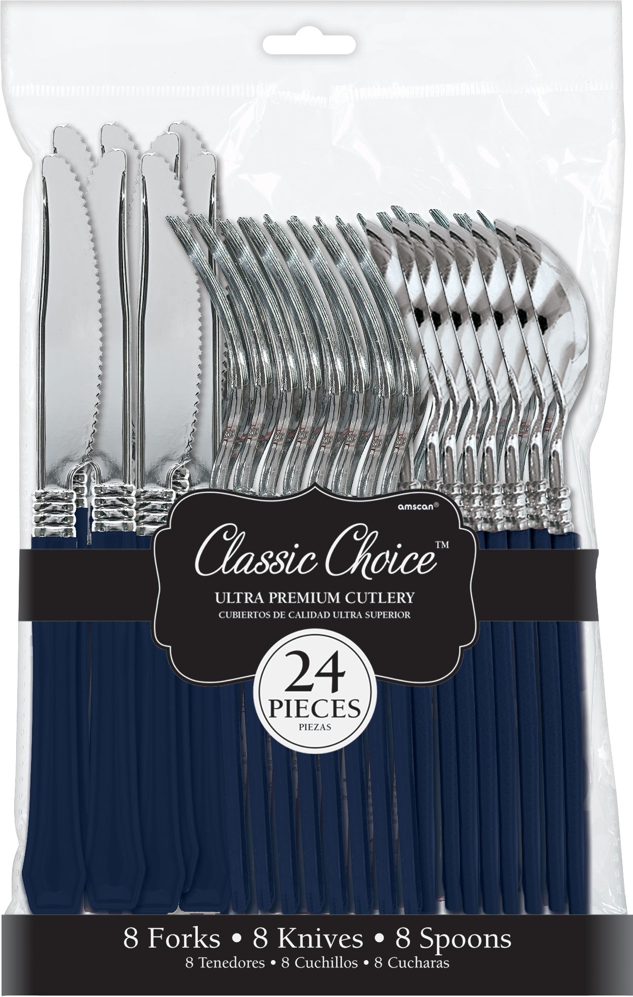 Classic Silver  True Navy Blue Premium Plastic Cutlery Set, 24-pc Front_Flat