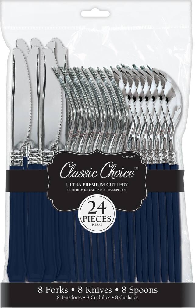 Classic Silver  True Navy Blue Premium Plastic Cutlery Set, 24-pc Front_Flat