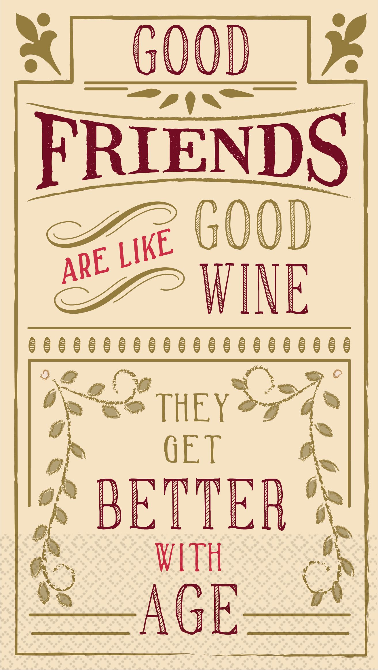 Better with Age "Good Friends" Rectangle Paper Disposable Guest Towel Napkins, Gold, 8-in, 20-pk, 2-ply, for Christmas/Birthday Party Front_Flat