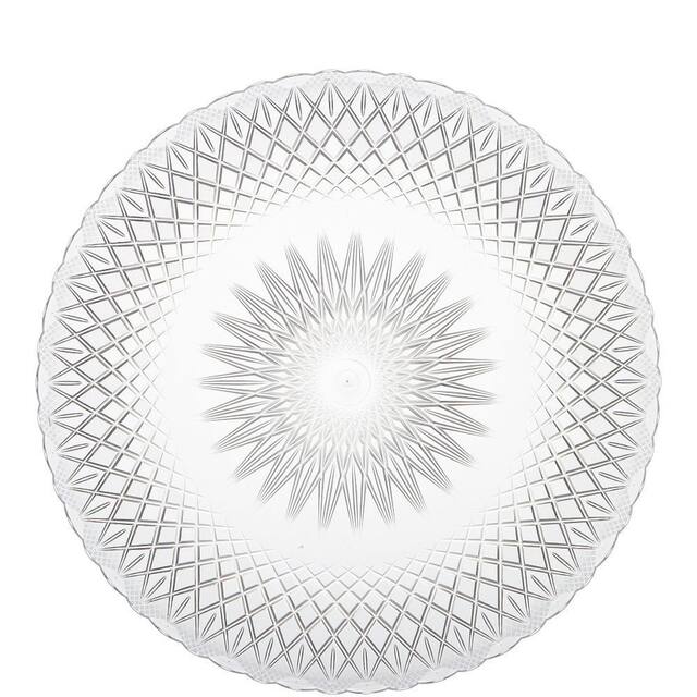 Round Crystal-Cut Plastic Reusable Serving Tray, Clear, 14-in, for Christmas/Thanksgiving/New Year's Eve/Easter/Birthday Party Overhead_Flat