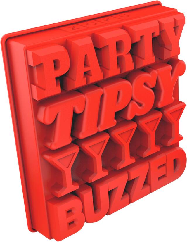 "Party, Tipsy, Buzzed" Plastic Reusable Ice Tray, Red, 5-in, for New Year's Eve/Graduation/Christmas Front_Angled_Right