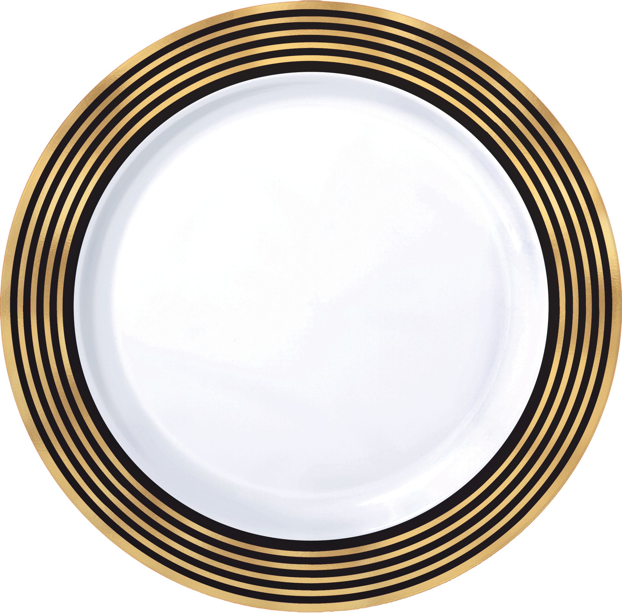 Assiettes à dîner en plastique de qualité supérieure, à rayures noires et dorées métallisées, paq. 10 Overhead_Flat