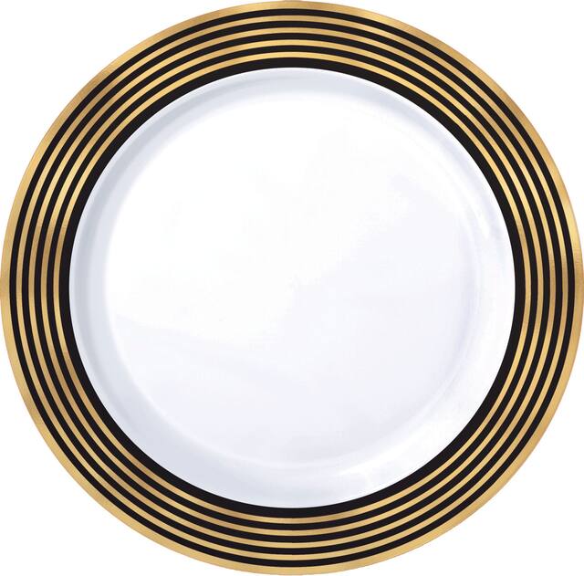 Stripe Premium Plastic Dinner Plates, Black/Metallic Gold, 10-pk Overhead_Flat