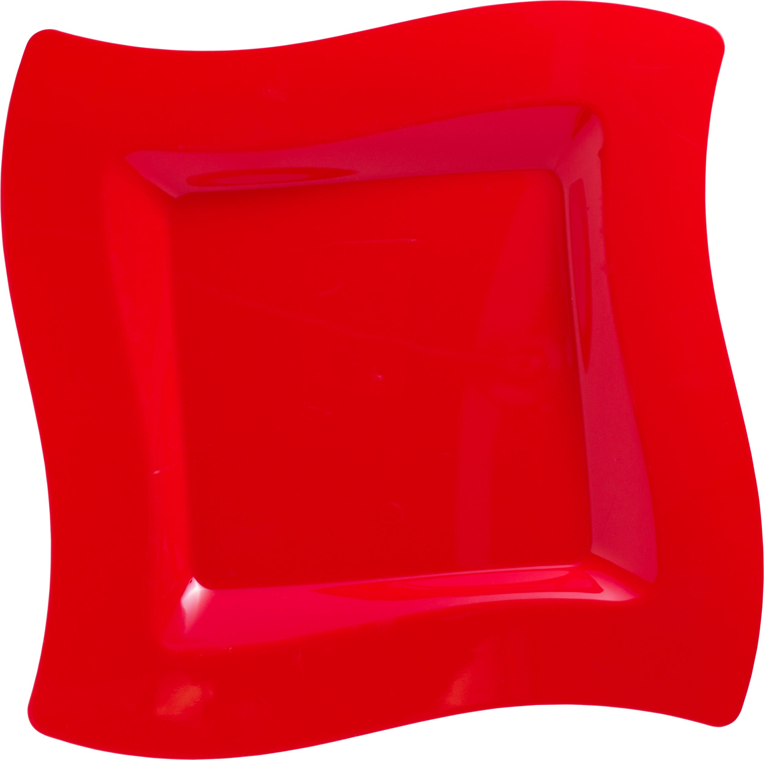 Wavy Square Premium Plastic Dinner Plates, Apple Red, 10-pk Overhead_Flat