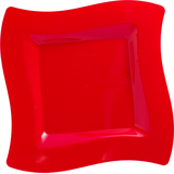 Wavy Square Premium Plastic Dinner Plates, Apple Red, 10-pk Overhead_Flat