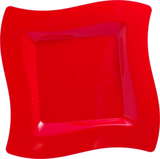 Wavy Square Premium Plastic Dinner Plates, Apple Red, 10-pk Overhead_Flat