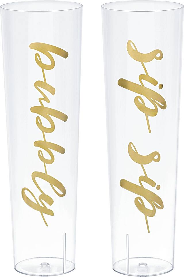 Metallic Gold Sip Bubbly Plastic Stemless Champagne Flutes, 2-ct Front_Elevated