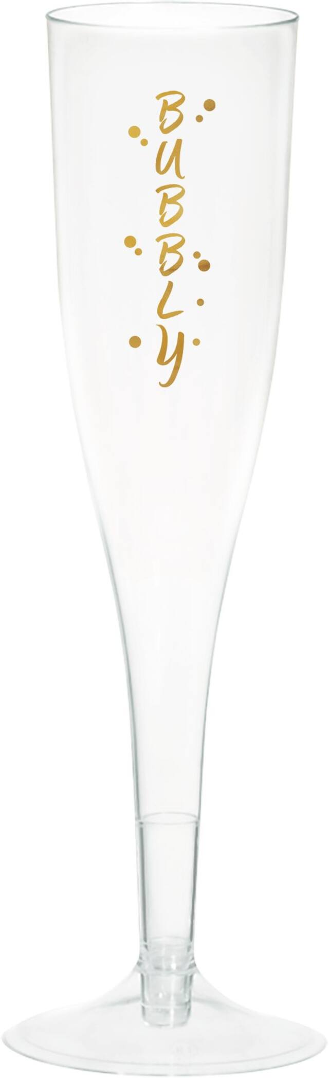 "Bubbly" Plastic Reusable Champagne Flutes, Clear/Gold, 5.5-oz, 8-pk, for New Year's Eve Front_Flat