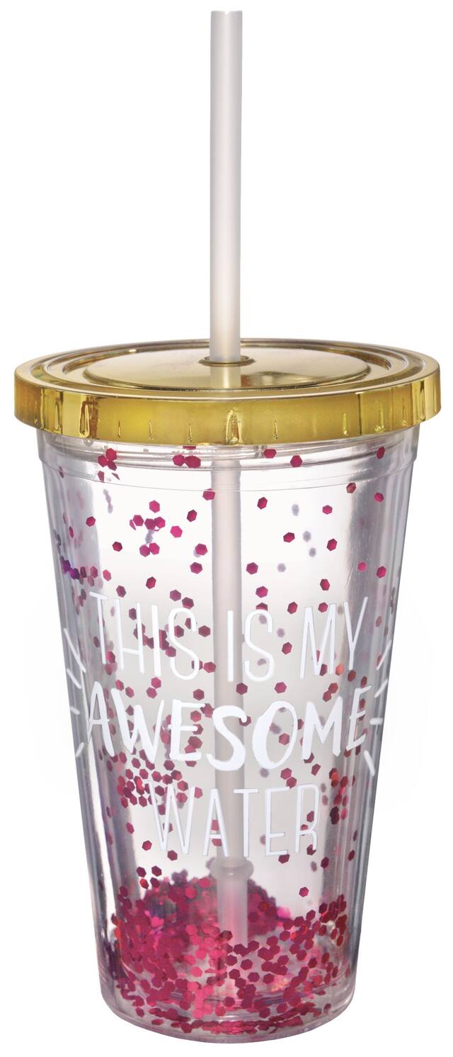 Gobelet à paille à double paroi en plastique This is My Awesome Water rose scintillant Front_Elevated