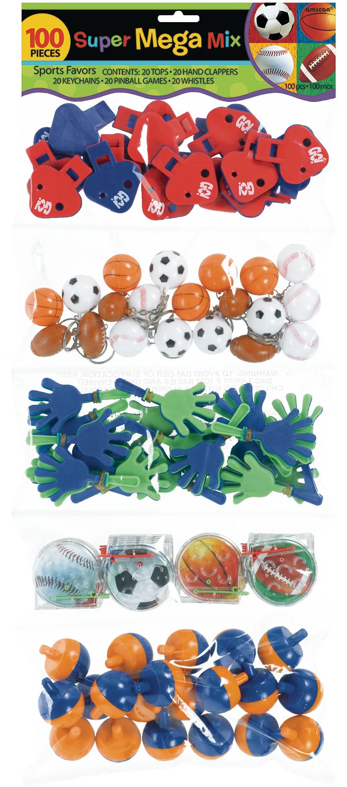 Soccer/Basketball/Baseball/Football Mega Mix Party Favour Pack, Multi-Coloured, 100-pk, for Birthday/Sports/Party Favour Front_Flat