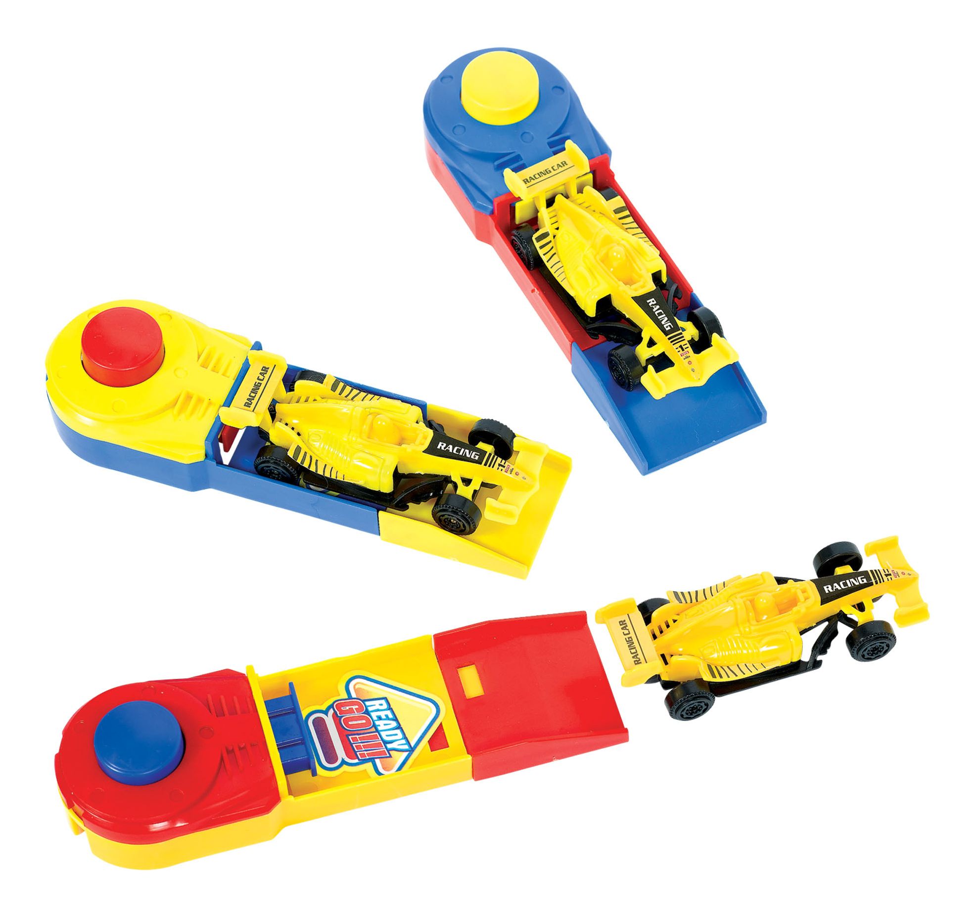 Race Car Toys with Launchers, Red/Yellow/Blue, 6-pk, for Birthday/Party Favour Overhead_Plunge