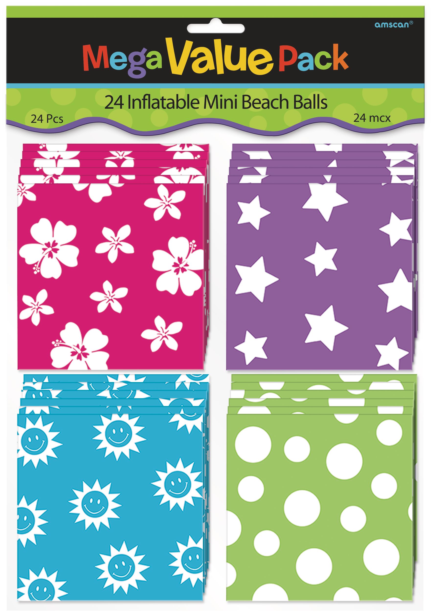 Inflatable Round Beach Balls, Pink/Purple/Blue/Green, 24-pk, for Beach/Pool Fun Activities Front_Flat