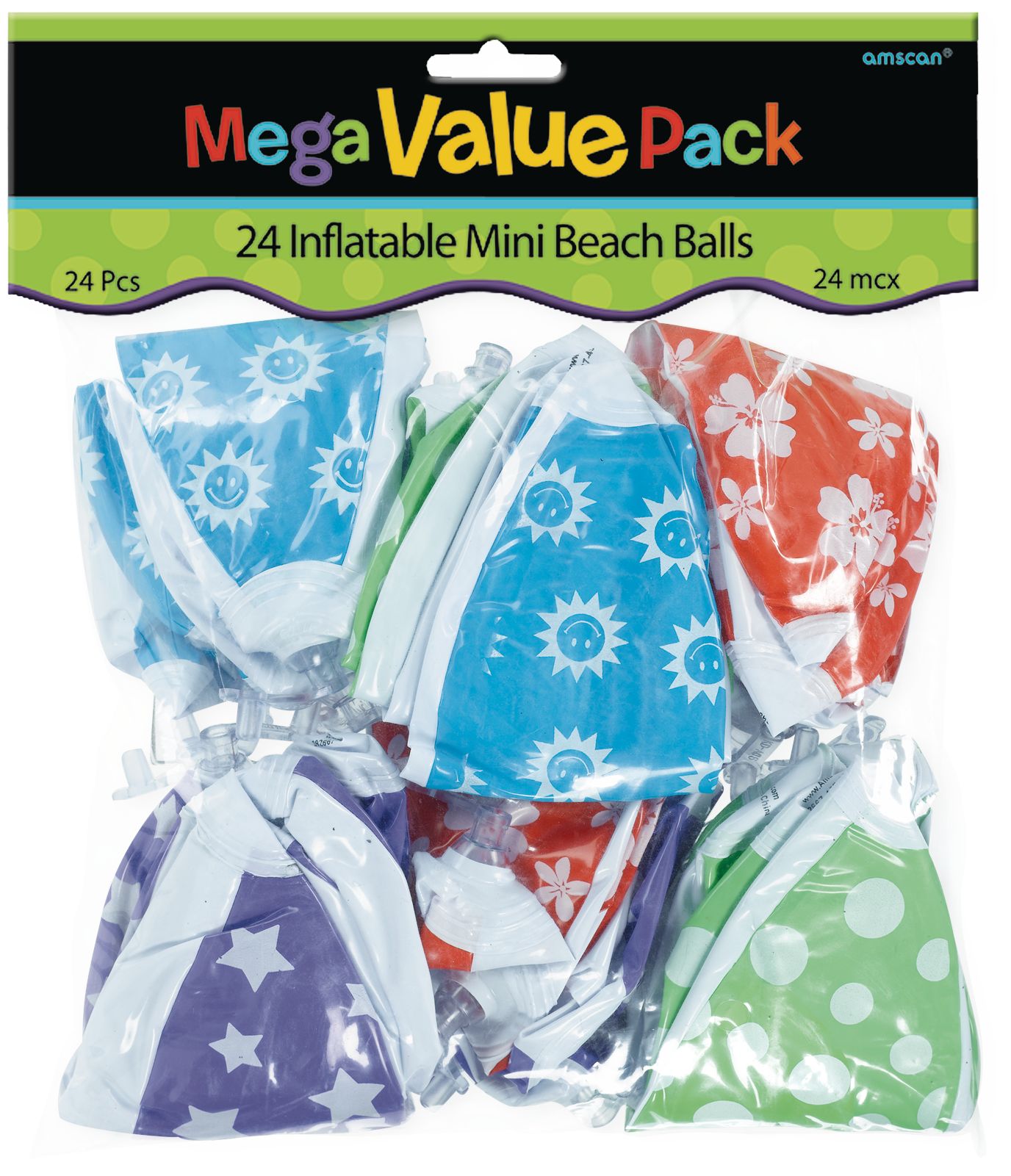 Inflatable Round Beach Balls, Pink/Purple/Blue/Green, 24-pk, for Beach/Pool Fun Activities Front_Flat