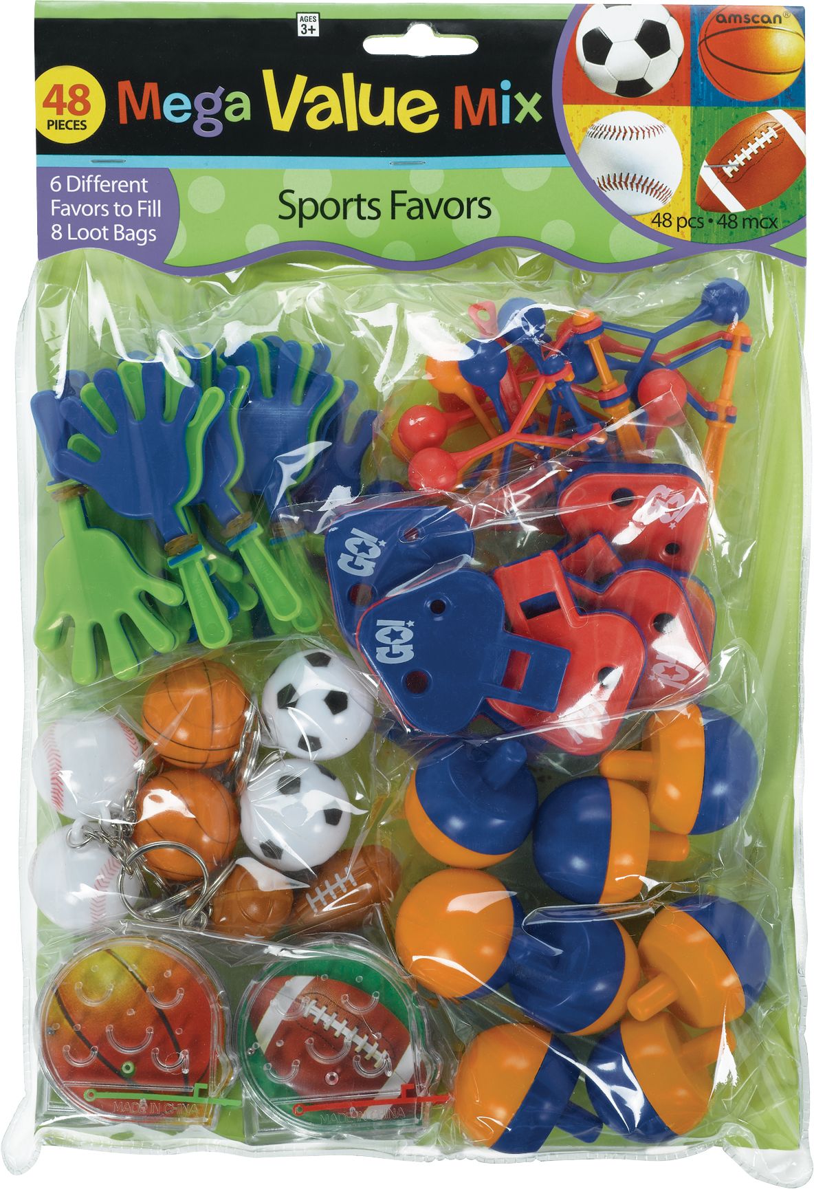 Soccer/Baseball/Football/Basketball Mega Mix Party Favour Pack, Blue/Orange/White, 48-pk, for Birthday/Sports/Party Favour Front_Flat
