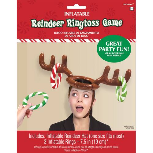Inflatable Reindeer Hat Ring Toss Game, Brown/Red/Green, One Size, 4-pk, for Christmas