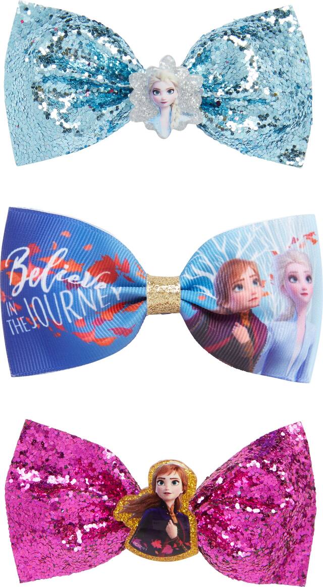 Disney Frozen "Believe In The Journey" Elsa & Anna Sequin Hair Bows, Blue/Purple, One Size, 3-pk, Wearable Accessories for Birthdays Front_Flat