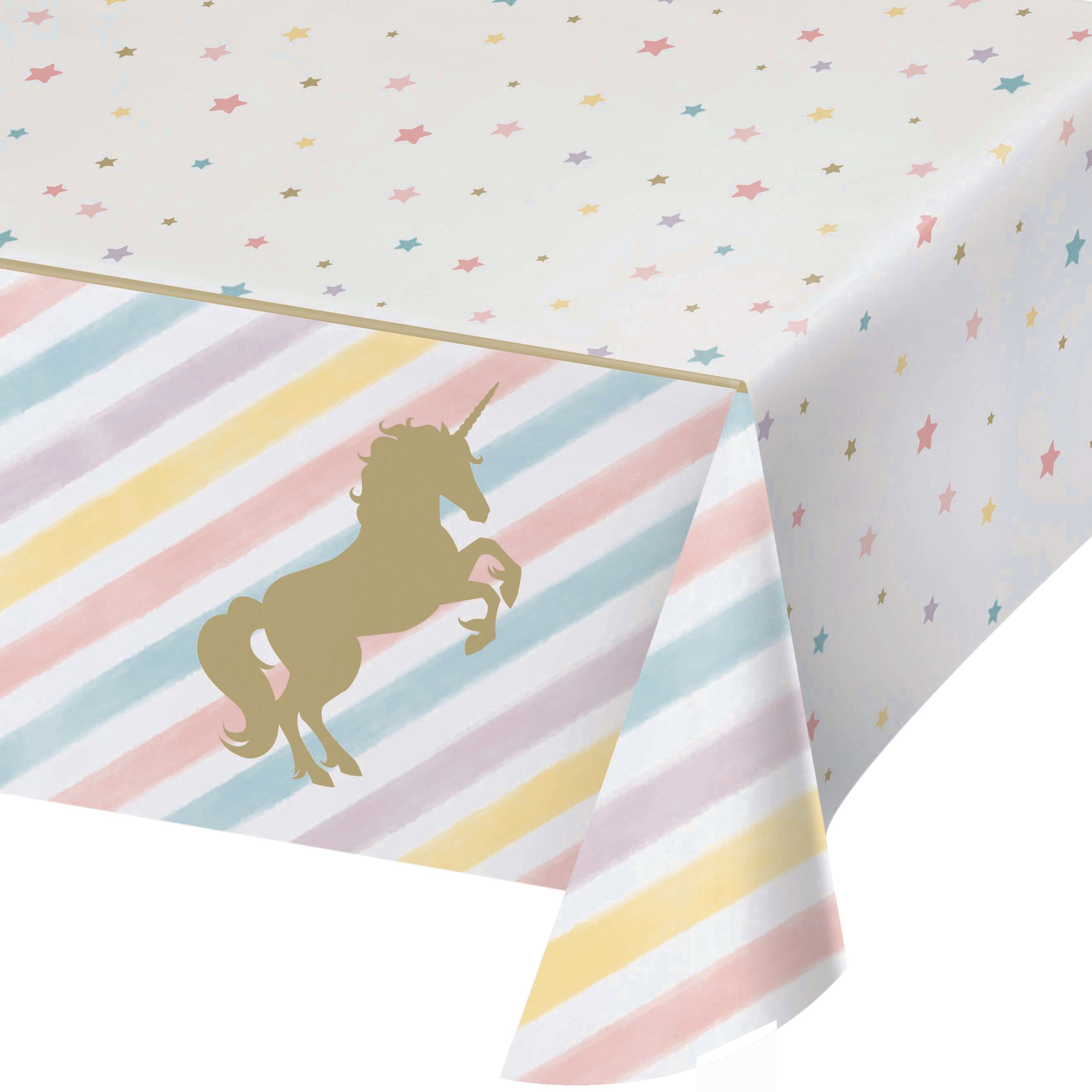 Unicorn Rectangle Plastic Reusable Table Cover, White/Multi-Coloured, Striped, 54x102-in, for Unicorn Birthday Party CloseUp