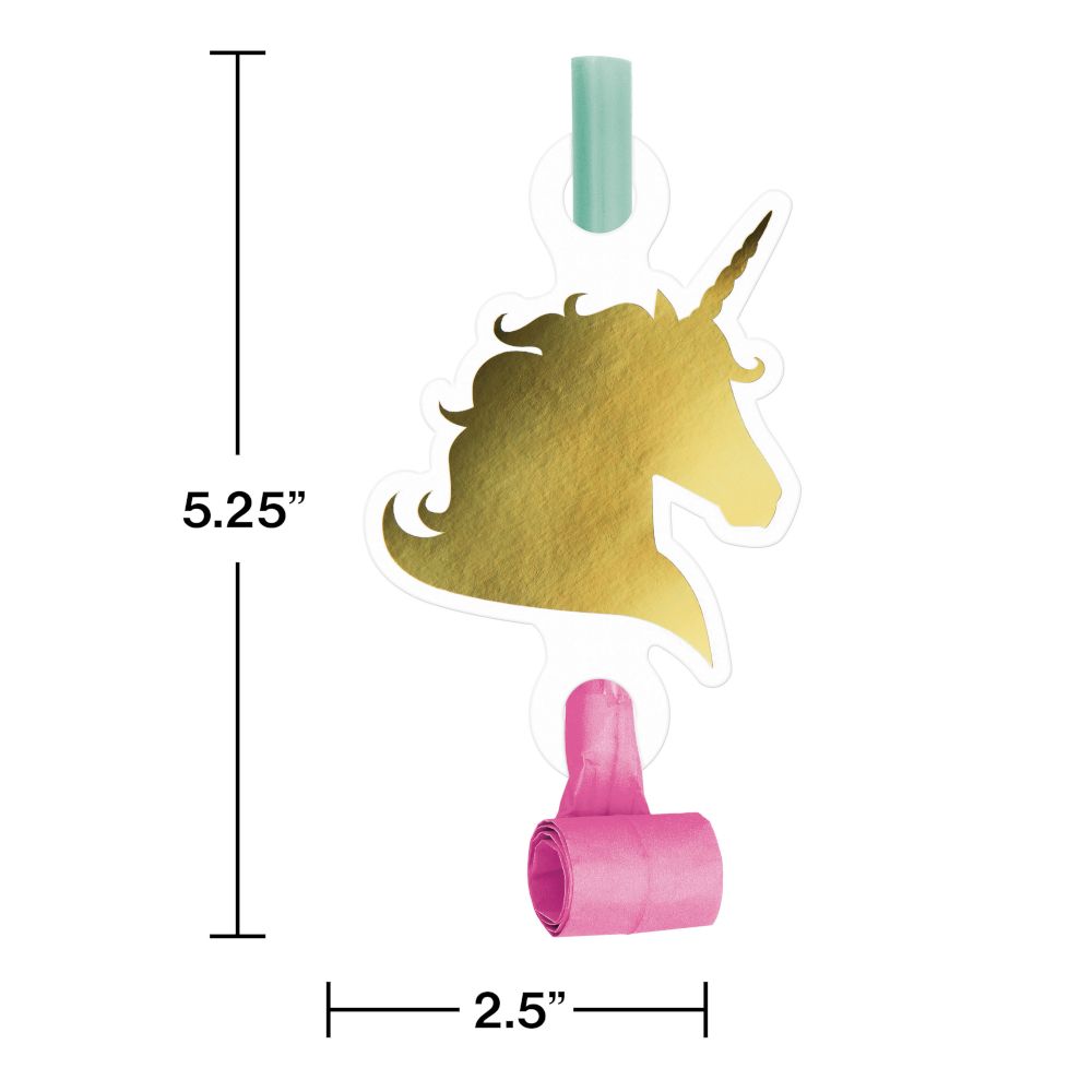 Unicorn Blowout Noisemakers, Gold/Pink, 5-in, 8-pk, for Unicorn Birthday Party Front_Flat