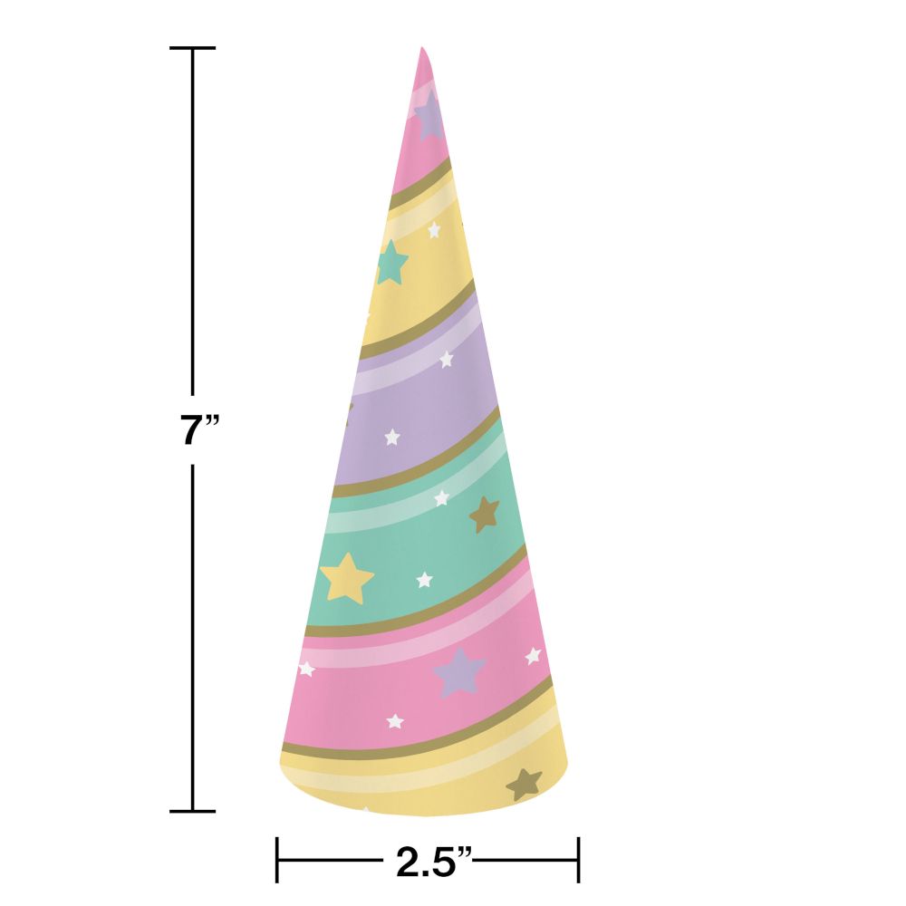 Unicorn Horn Cone Party Hats, Rainbow, One Size, 8-pk, Wearable Accessories for Rainbow Unicorn Birthday Front_Flat