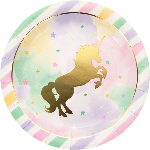 Unicorn Round Paper Disposable Lunch Plates, Gold/Pink, Striped, 9-in, 8-pk, for Unicorn Birthday Party Overhead_Flat