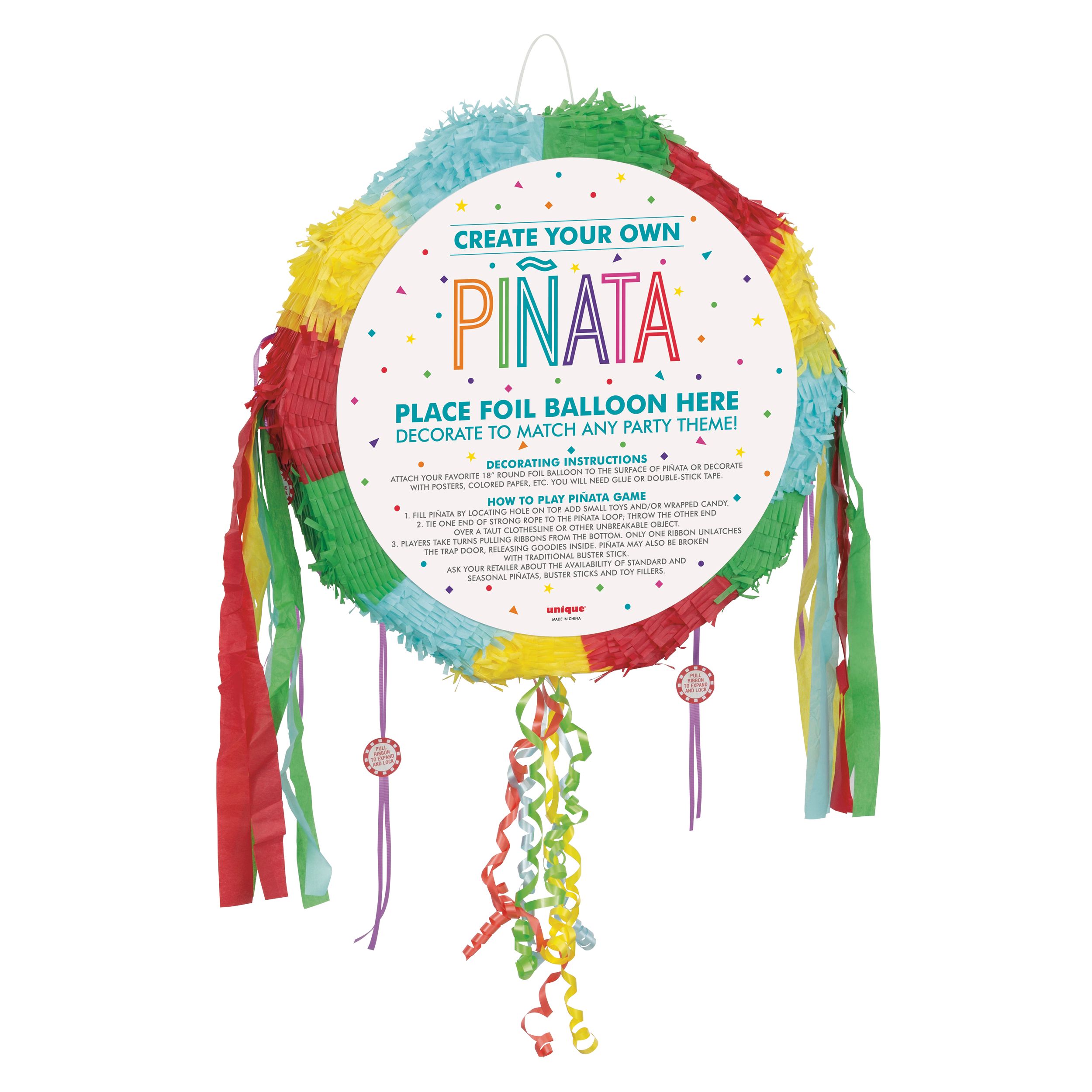 Décoration pinata suspendue ronde personnalisable à ficelles, multicolore, 18 po, peut contenir 2 lb de garniture à pinata, pour fêtes d'anniversaire Front_Angled_Right