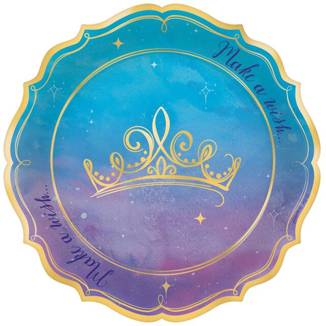 Disney Princess Once Upon A Time "Make a Wish" Round Paper Disposable Dessert Plates, Blue/Purple, 7-in, 8-pk, for Birthday Party Overhead_Flat
