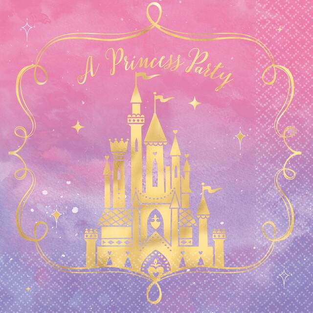 Disney Princess Once Upon A Time 'A Princess Party' Castle Square Paper Disposable Lunch Napkins, Pink/Purple, 6.5-in, 16-pk, for Birthday Party, Disney Princess Party Napkins Overhead_Flat