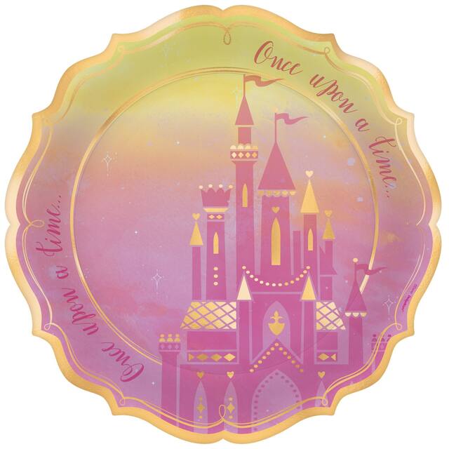 Disney Princess Once Upon A Time Round Paper Disposable Dinner Plates, Yellow/Pink, 10.5-in, 8-pk, for Disney Princess Birthday Party Overhead_Flat