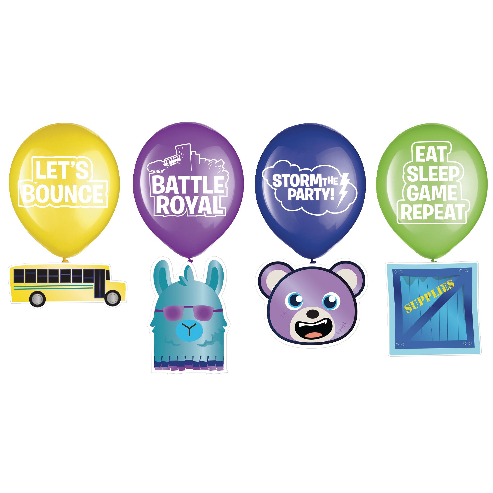 Battle Royal Llama "Storm The Party" Round Latex Balloon Decorating Kit, Yellow/Purple/Blue/Green, 12-in, 6-pk, for Birthday Party Front_Flat