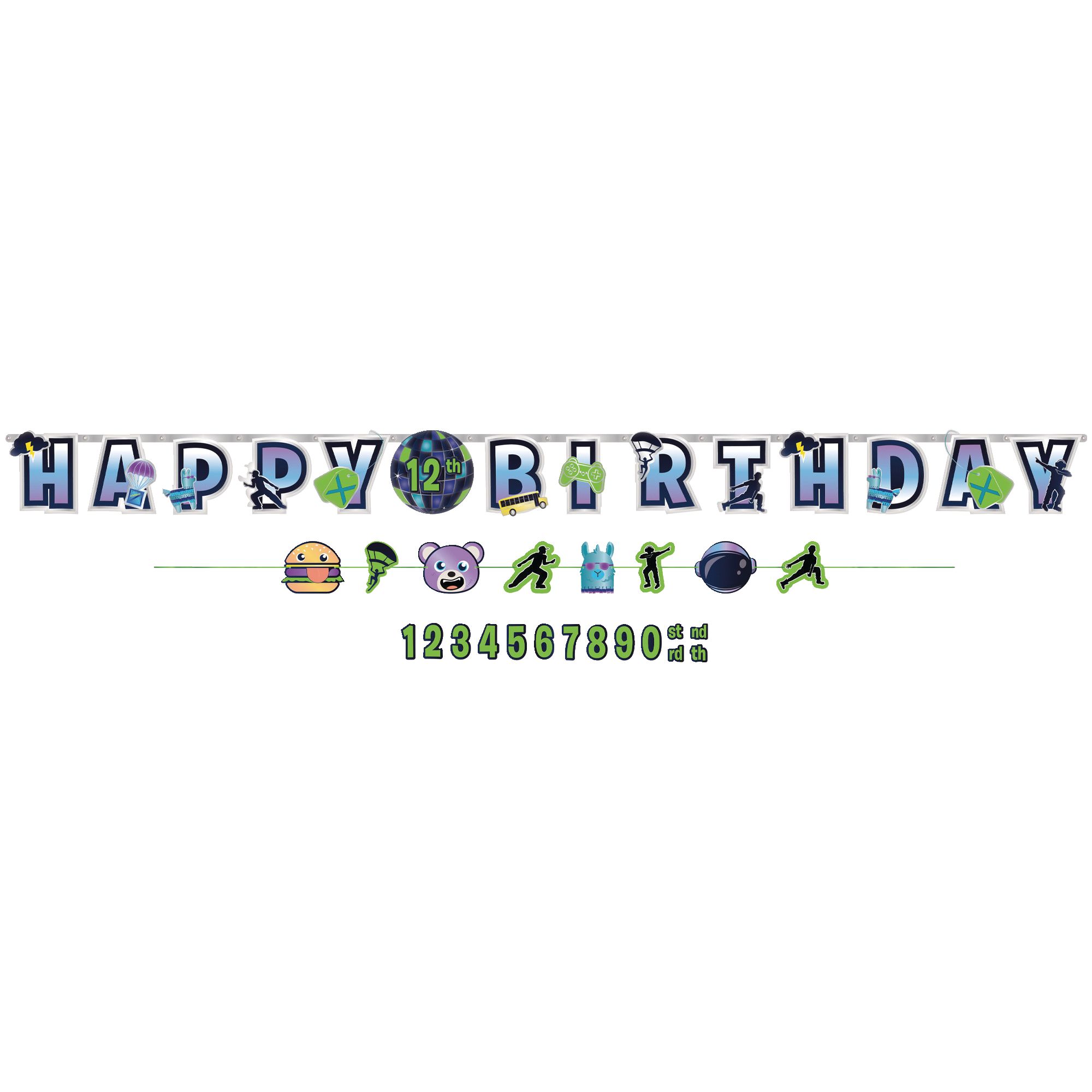 Battle Royal "Happy Birthday" DIY Customizable Hanging Garland Banner Decoration, Blue/Green, 126-in, 2-pk, for Birthday Party Front_Flat