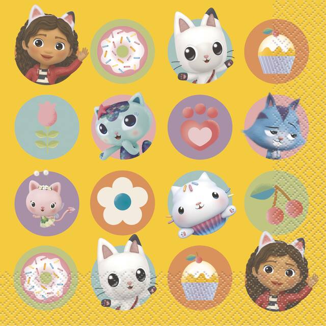 Gabby's Dollhouse Square Paper Disposable Lunch Napkins, Yellow, 6.5-in, 16-pk, 2-ply Paper Napkins, for Birthday Party Overhead_Flat