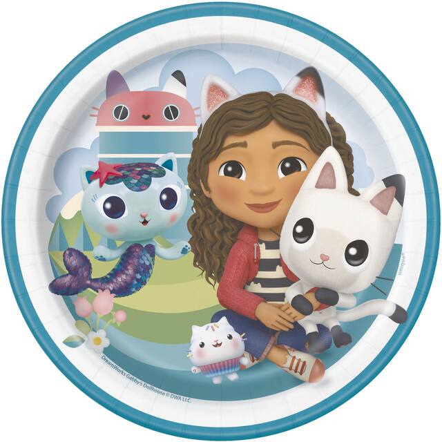 Gabby's Dollhouse Round Paper Disposable Dessert Plates, Blue, 7-in, 8-pk, for Birthday Party Plates Overhead_Flat