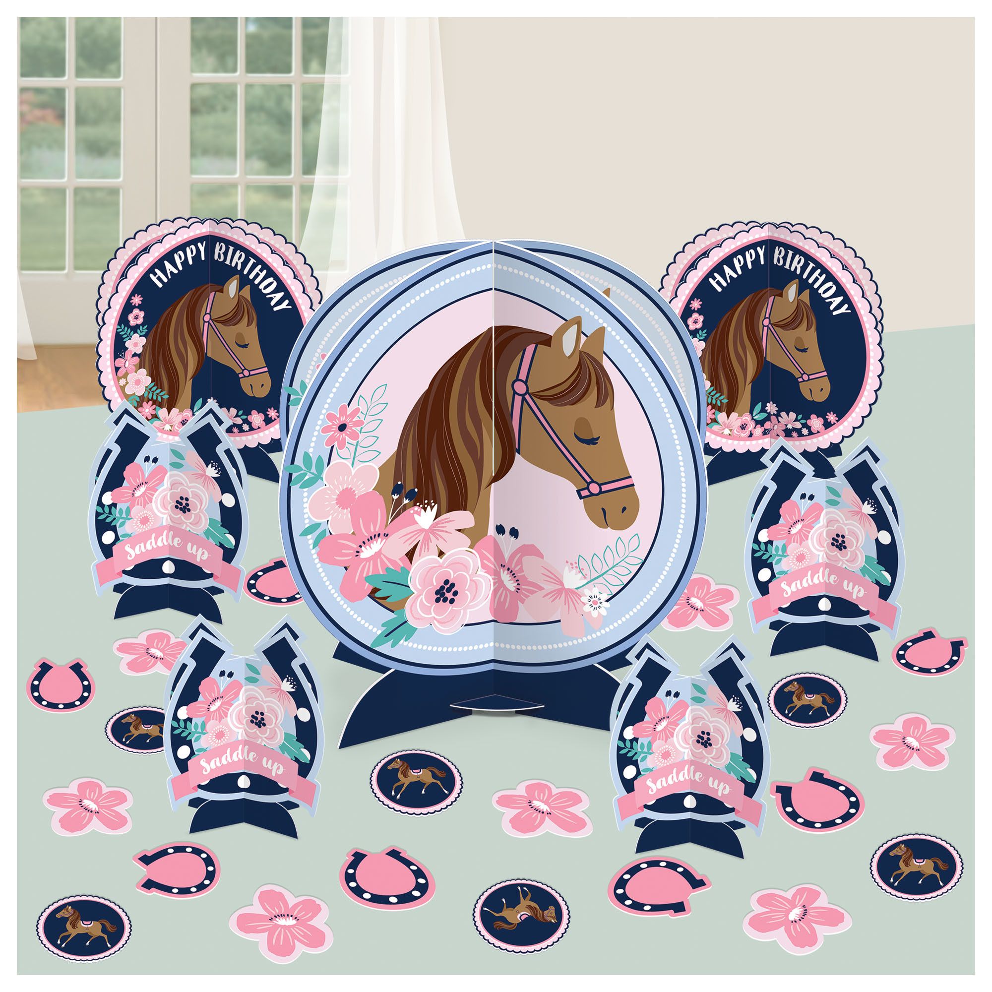 Saddle Up "Happy Birthday" Table Decorating Kit Centerpieces with Confetti, Blue/Pink, 13-in, 27-pk, for Birthday Party Composite_or_Mixed