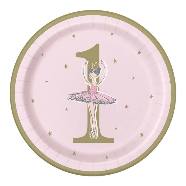 Swan Ballerina "1" Round Paper Disposable Lunch Plates, Pink, 9-in, 8-pk, for Birthday Party Overhead_Flat